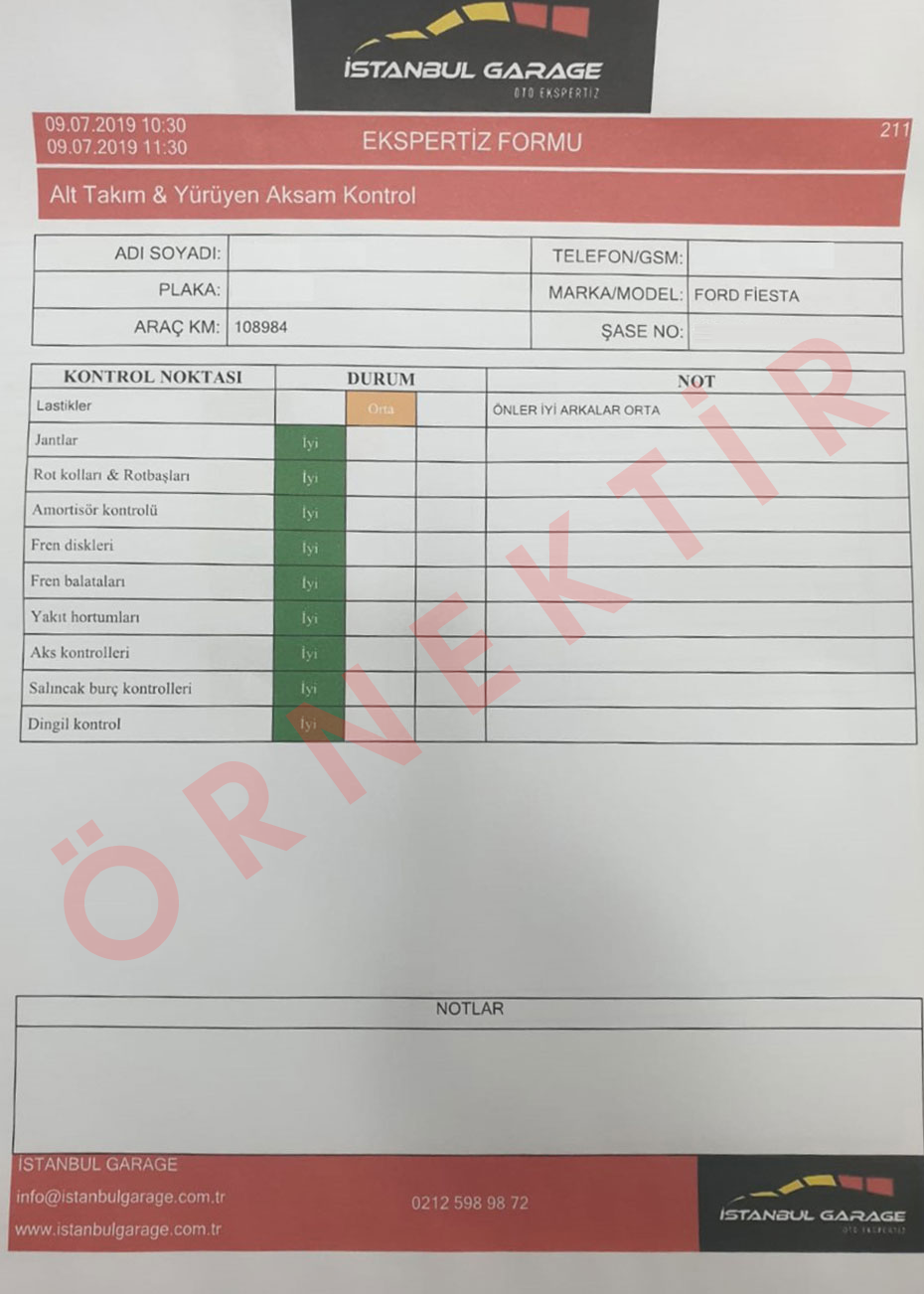 Oto Ekspertiz Raporu Fiyat Bilgisi, Rapor Örneği